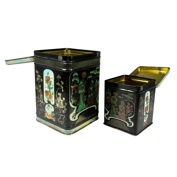 Chinoiserie Tole Tin Set of 2 Decorated Black Hinged Lid Box Vintage England - Picture 7 of 8